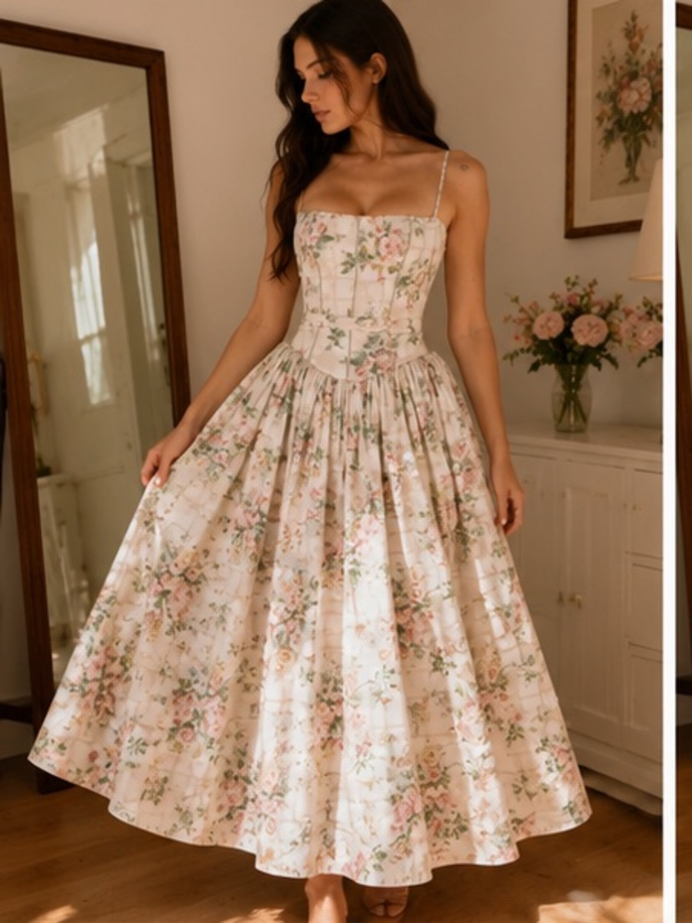Floral Spaghetti-Strap maxi Dress in Soft Blush